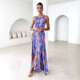 New Printed Hanging Neck Beach Bohemian Wind High Waist-Dew Broken Flower Dress Women's