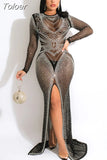 Crystal Mesh Long Elegant Evening Dresses for Women Party Glitter Black Transparent Bodycon Slit Dress