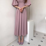 Solid Casual Chic Elegant Dress for Women High Waist O-Neck Straps Short Lantern Sleeves Pleated Midi Dresses Summer