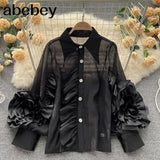 Ruffle Trim Shirt For Women Lapel Lantern Sleeve Loose Solid Button Through Blouse Female Fashion