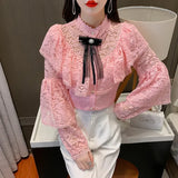 Fashion Lace Bottoming Women's Shirt Autumn Hollow Flower Ruffle Blouse Bow Beading Long Sleeve 6 Colors Blusas