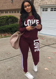 Casual Letter Print Round Collar Long Sleeve Top And Pant 2 Piece