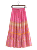 BOHO Orange Flower Print Long Skirt Spliced Ruched Ruffle Hem Hippie Women Ball Tassel Bow Waist Swing Skirts Holiday-Outfit