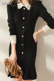 Women Single Breasted Turn Down Collar Knitted Sweater Spring Long Sleeve Elegant Slim Bodycon Knee Mermaid Dress Black