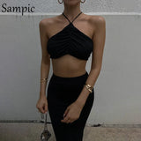 Sexy Women Casual Summer Beach Split Midi Skirt Set Halter Tops And Bodycon Club Skirt Suit Two Piece Set
