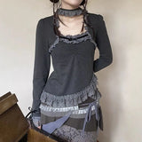 Tshirts for Women 2023 Ropa Mujer Long Sleeve Square Collar Patchwork Lace Tunic Tees Chic Irregular Vintage T-shirt Tops-Outfit