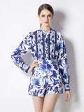 2 Piece Outfits Women Stand Collar Lantern Sleeve Blue And White Porcelain Shirts and High Waist Pockets Short Set