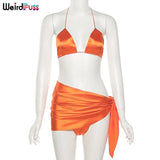 Puss 3 Piece Sets Women Vacation Outfits Summer Sexy v-Neck Midnight Clubwear Top+Thong+Skirt 2021 Lace Up Matching
