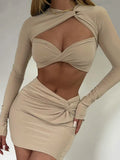y2k Long Sleeve Sexy Cut Out Skirts 2 Piece Sets Lady Outfits Matching Sets Twist Crop Top and