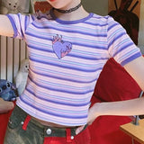 Summer Purple Cute Top Striped Short Sleeve T-shirt Women Crop Top T Shirt Ladies Casual Heart Print Tshirts Tee
