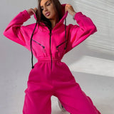 Women Basic Hoodie Jumpsuit Zipper Drawstring Overall High Waist Elasticity Streetwear Tracksuit Rompers Casual One Piece