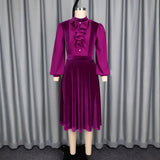 Style Purple Velvet Party Party Temperament Dress Wooden Ear Splicing Long Sleeves To Close The Waist A Dress