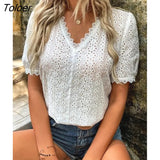 Lace Shirts Women Summer Puff Sleeve Tops Vintage Elegant Pullover White Blouse Women Fashion V-neck Solid Shirt