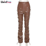 Puss Faux Leather Pants Cyber Y2K Vintage Stacked Zipper Side Slit Drawstring Pencil Pants Trend Streetwear Slim