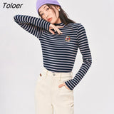 Women Bottoming T-shirts 2022 Winter Long Sleeve Half Turtleneck Slim Fit Stretch Tees Striped Basic All Match