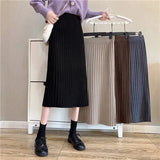 Fashion Autumn Winter Knitted Back Split Long Pleated Skirt Women Japan Style Black Mid-Length High Waist Skirt