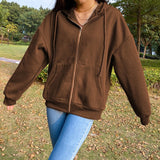 Sweetown Brown New Aesthetic Hoodies Women Vintage Zip Up Sweatshirt Winter Jacket Clothes Pockets Long Sleeve Hooded