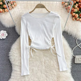 Women Fashion Korean Blouse Design Hollow Waist Long Sleeve O Neck Slim Tops Autumn Chic Streetwear Short Blouses