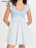 White Blue Flower Print Ruffle Strap Mini Dress V neck Ruched Elastic Chest Corset Sleeveless Short Tank Robe Holiday Woman-Outfit