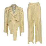 Patchwork Casual Two Piece Set For Women Lapel Collar Long Sleeve Coats High Waist Straight Pants Solid Sets