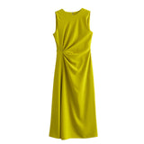 New Spring Style Side Pleated Dress With Long Sleeveless Midi Dress-Outfit