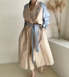 Spring Autumn French Splicing Single Breasted Long Lace Up Waist Closing Slim Women Fashion