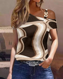 Off Shoulder Print Shirt Blouse Women Casual Chain Sling Short Sleeve Shirts For Women 2023 Office Ladies Elegant Slim Top-Outfit