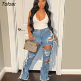 Casual Hole Ripped Light Blue Hight Waist Denim Pants Women Party Club Jeans Side Tassel Pants Trousers