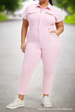 Down Collar One Piece Women Solid Short Sleeve Tight High Waist Overalls Slim Fit Casual Rompers 2023 Long Pants Jumpsuits-Outfit