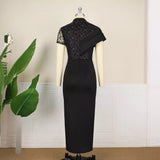 Large-Size New Round-Neck Lace Retro Dress Lotus Side Short-Sleeved Performance Costume