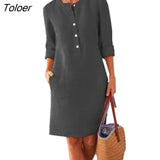 Women Casual Vestidos Women Dress Solid Color Pockets Summer Round Neck Long Sleeve Buttons Dress Beach