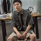 New Retro Tools Pocket Shirt Men's Youth Trend Loose Short-Sleeved Shirt Middle Sleeves-Outfit