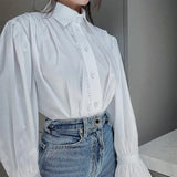 Blouse Women Uveniles Shirt Long Sleeve Women Youth Women's Blouses Double Layered Flounce Design White Office Lady Tops-Outfit