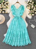Temperament Flying Sleeve V Collar Waist Shows Thin A Word Big Pendulum Hollowed-Out Dress Seaside Holiday Long Skirt-Outfit