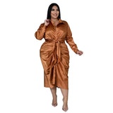 Plus Size Dresses Women Solid Long Sleeve Bandage Draped Pleaped Sleeve Button Dress Office Lady Wholesale