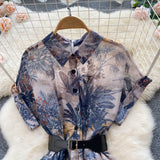 Summer Fashion Runway Cotton Shirt Dress Women's Short Sleeve Elegant Floral Butterfly Print Belt OL Midi Dress