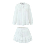 pieces 1 set 2024 Holiday White Embroidery Hollow Out hole Lace Loose Shirt + Elastic Waist 2 Layers Ruffles Cuff Mini Shorts-Outfit