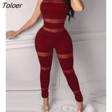 Women Fashion Elegant Casual Sheer Mesh Thick Strap Sleeveless Skinny Jumpsuit Solid Sexy Round Neck
