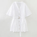 New Hollowed-Out Embroidery With Belt Mini Dress 8175960-Outfit