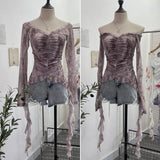 Real Shot One-×Ö Collared Shoulder Long-Sleeved Mesh Printing Top Irregularly Folded Lotus Leaves With Short T-Shirt