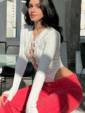 Knitted Long Sleeve Tie Up Sexy Bodysuit Bandage Patchwork Bodycon Club Party Body Women Outfit High Waist Top-Outfit