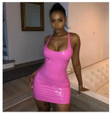 PU Patent Leather Sheath Tank Dress PVC Latex Nightclub Dresses Bodycon Package Hip Summer Women Short Mini Low Cut Slim-Outfit