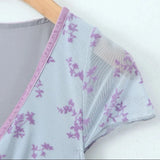 Sexy Light Blue Flocking Flower Bow Binding Deep V neck Mesh Mini Dress Woman Short Sleeve Package Hips Party Robe Bodycon-Outfit