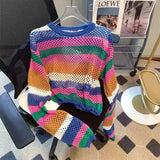 Women's Clothing Rainbow Striped Pullovers Casual Round Neck 2023 Spring Summer Korean Loose Fashion Hollow Out Knitted T-shirt-Outfit