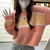 Celebrity Sweater Woman 2024 Spring And Autumn Collision Color Stripe Design Feeling Lazy, Loose, Thin And Gentle Pullover Girl-Outfit