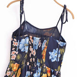 French Style Navy Blue Flower Print Bandage Spaghetti Strap Midi Long Dress Sexy Women Bow Lacing Up Sling Vestido-Outfit