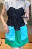 Hit Color Casual Dress For Women Round Neck Sleeveless High Waist Patchwork Drawstring Mini Dresses Female Fashion New