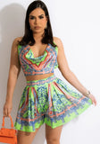 Printed Retro Halter Crop Top and High Waist Wide Shorts Two Piece