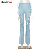Puss High Waist Flare Pants Women Sexy Mesh Hollow Side Bandage Summer Trend Soft Stretchy Streetwear Striped