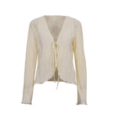 Women Solid Color Striped Cardigan Shirts Long Flare Sleeve Lace-up Deep V Neck Ruffled Tops Casual Party Slit Blouse-Outfit
